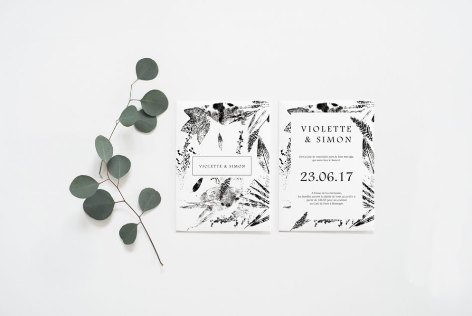 faire part de mariage ambiance classique et proche de la nature avec ses motifs feuilles et brindilles en noir et blanc