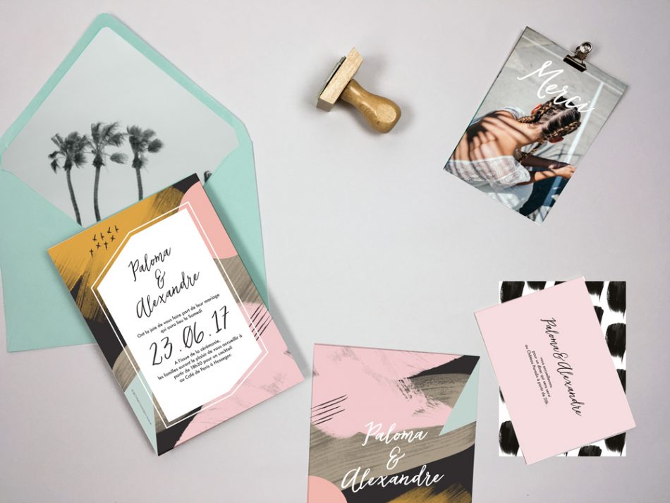 Faire-part de mariage aux accents africains, couleurs chaudes et motifs artistique au pinceau